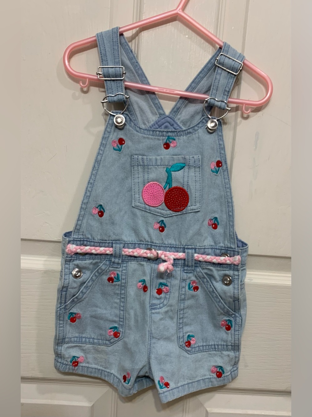 Red & Pink Cherry Light Denim Girl’s 4T Overall Shorts. 3797